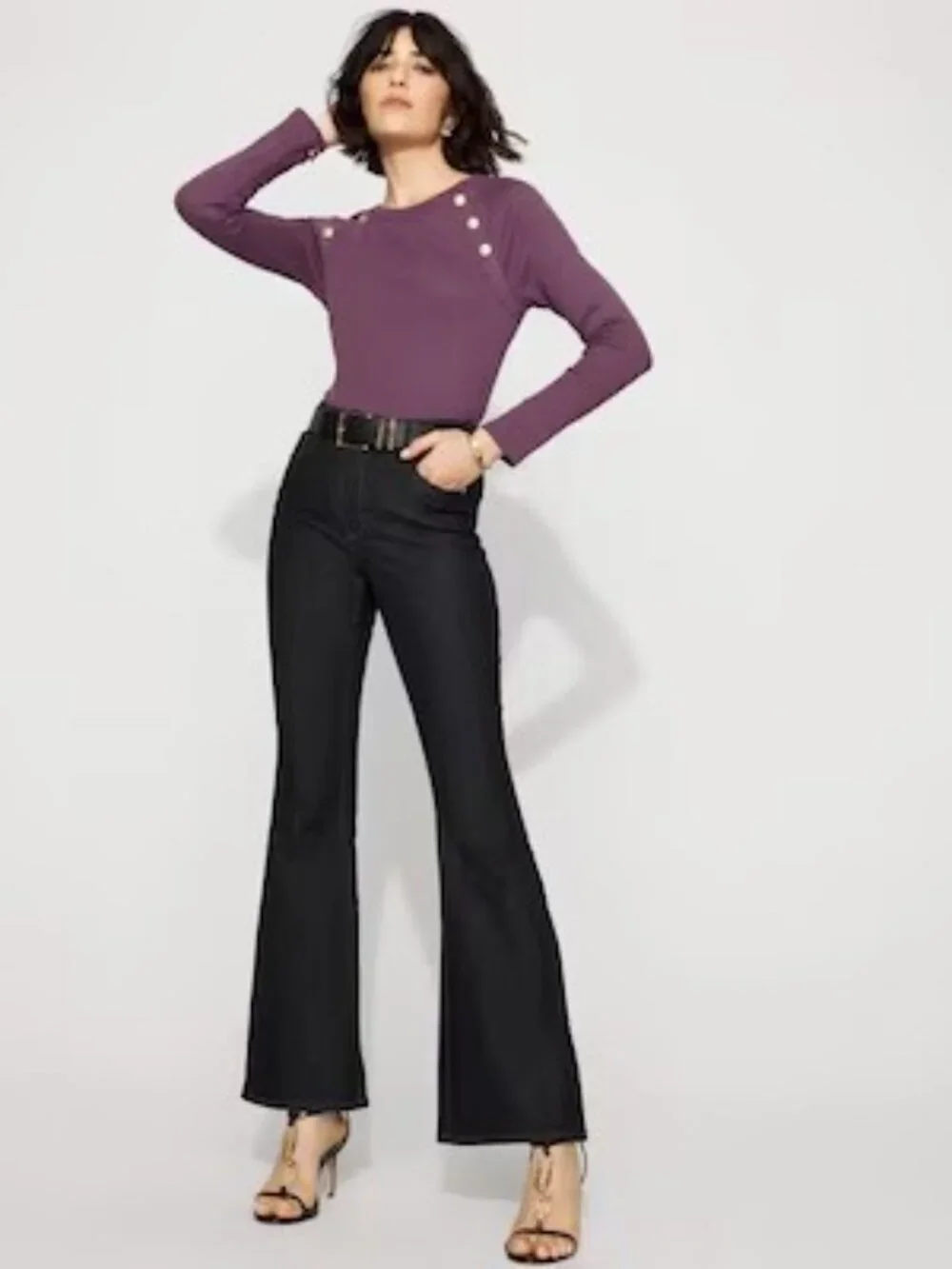 WHBM FORME Ribbed Stretch Button Long-Sleeve Tee